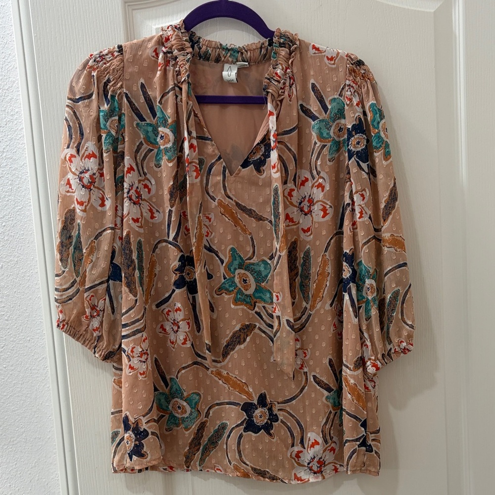 Joie Multicolor Floral Blouse with Tie Neck
